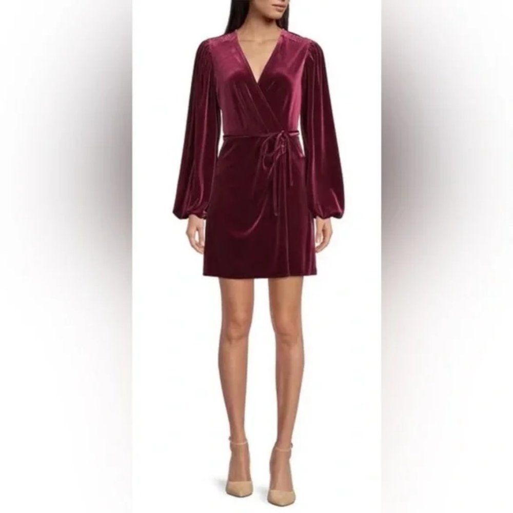 Gianni Bini Burgundy Merlot Red Velvet Wrap Dress Mini Long Sleeve - Size Large